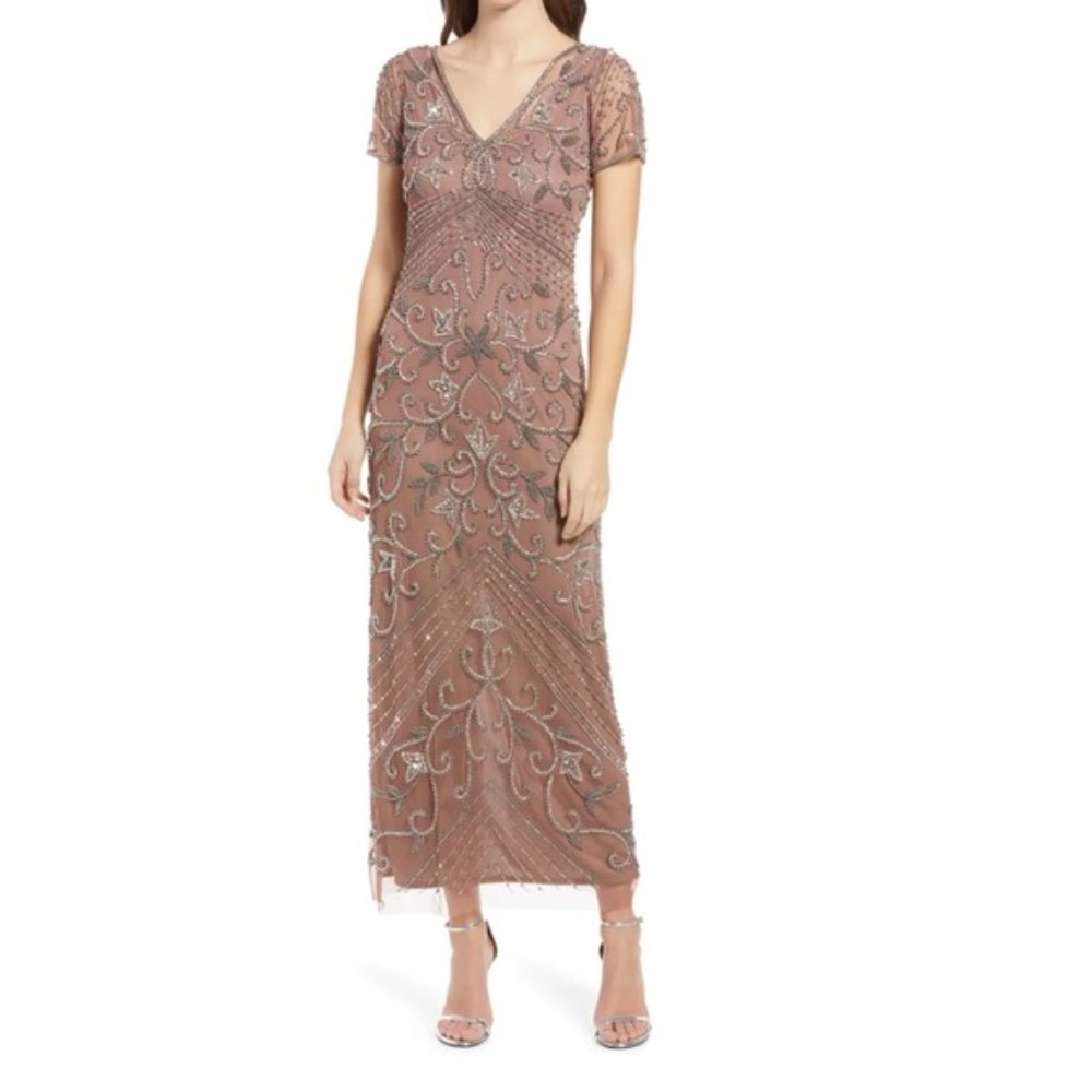 Pisarro Nights Rose Gold Beaded V-Neck Sheath Dress